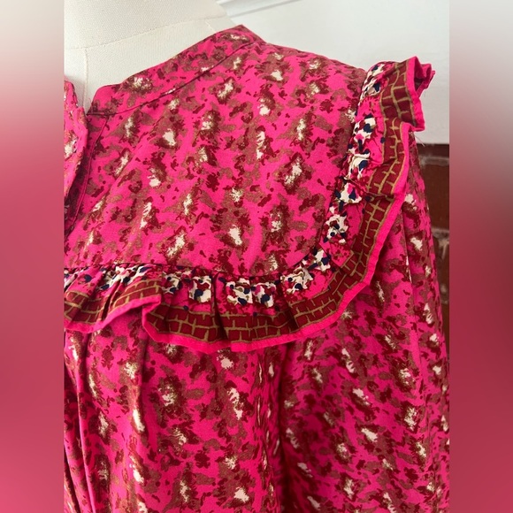 Joie Floral Peasant Blouse Fuchsia Ruffled Button Down Prairie Shirt Deep Pink - Picture 8 of 15